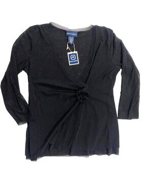 🛍️ 2/$20 ENTIRE SHOP - Y2K COQUETTE Black Sheer Mesh Rosette V-Neck Top XL